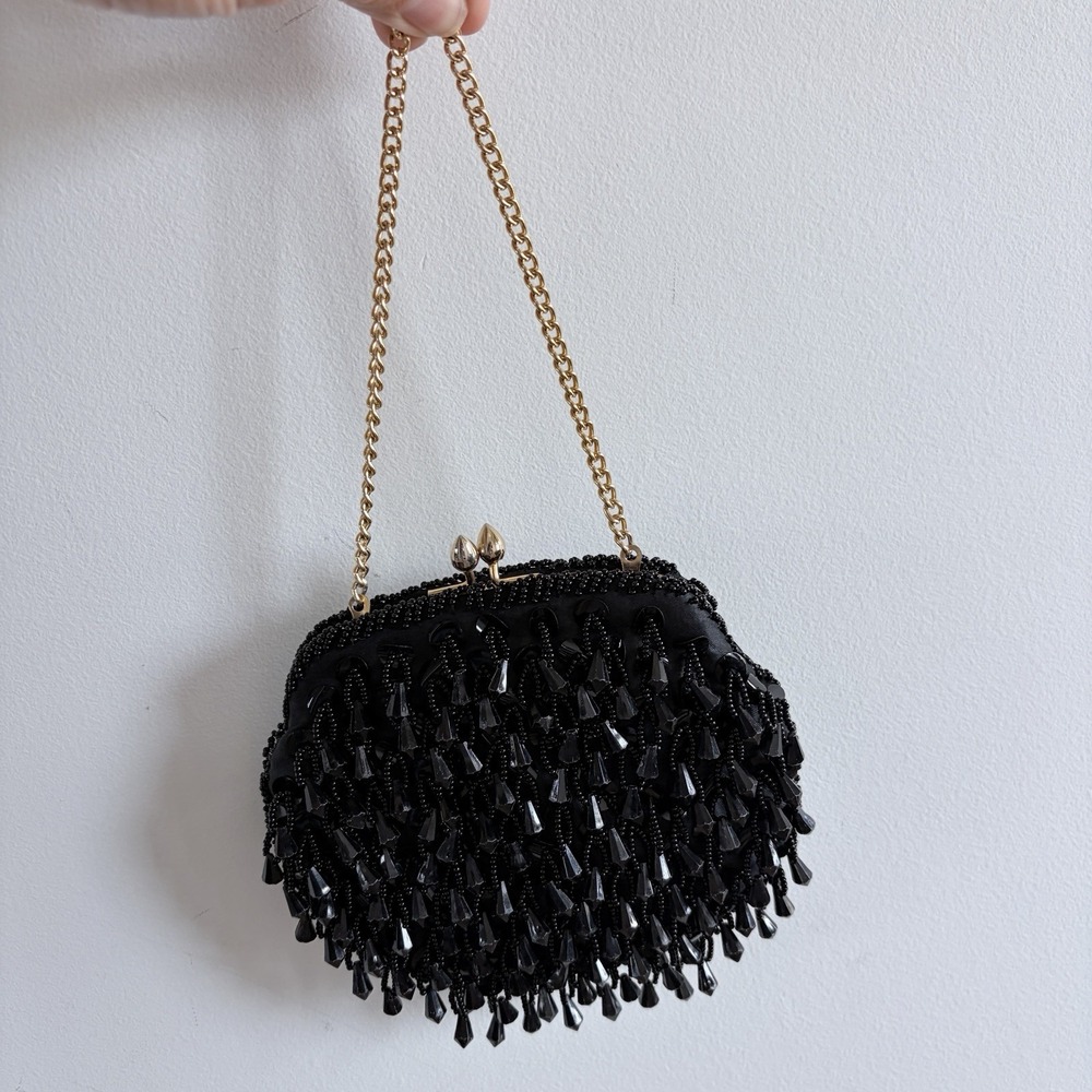 Black Beaded Clutch Purse, Kiss Lock, Gold Shoulder Chain Strap, Lined - Picture 2 of 5